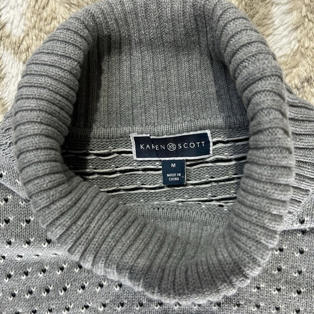 Karen Scott Mens Grey Cotton Turtleneck Knit Sweater Pointelle Size Medium - Picture 3 of 9